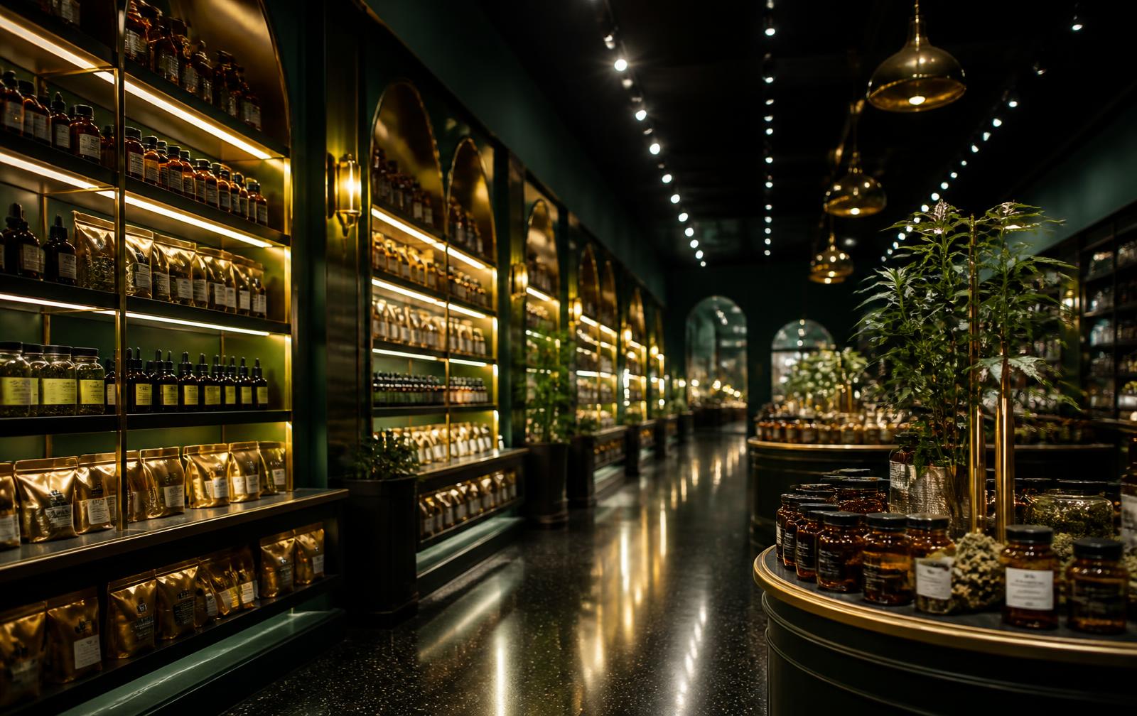 Interior of Super Botanical's cannabinoid superstore floor at night